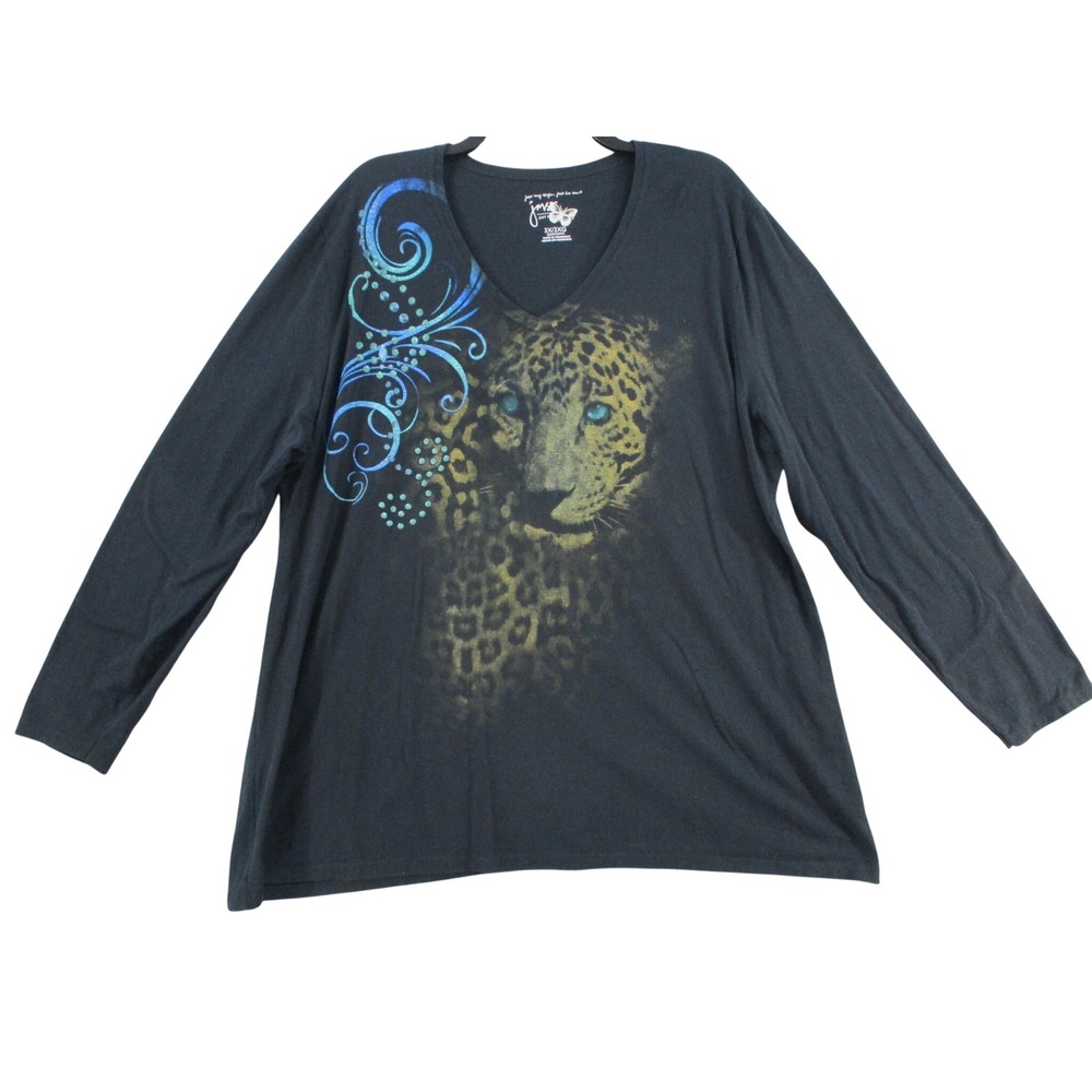 Just My Size Womens 3X Leopard Graphic Tee Black V-Neck Long Sleeve Top